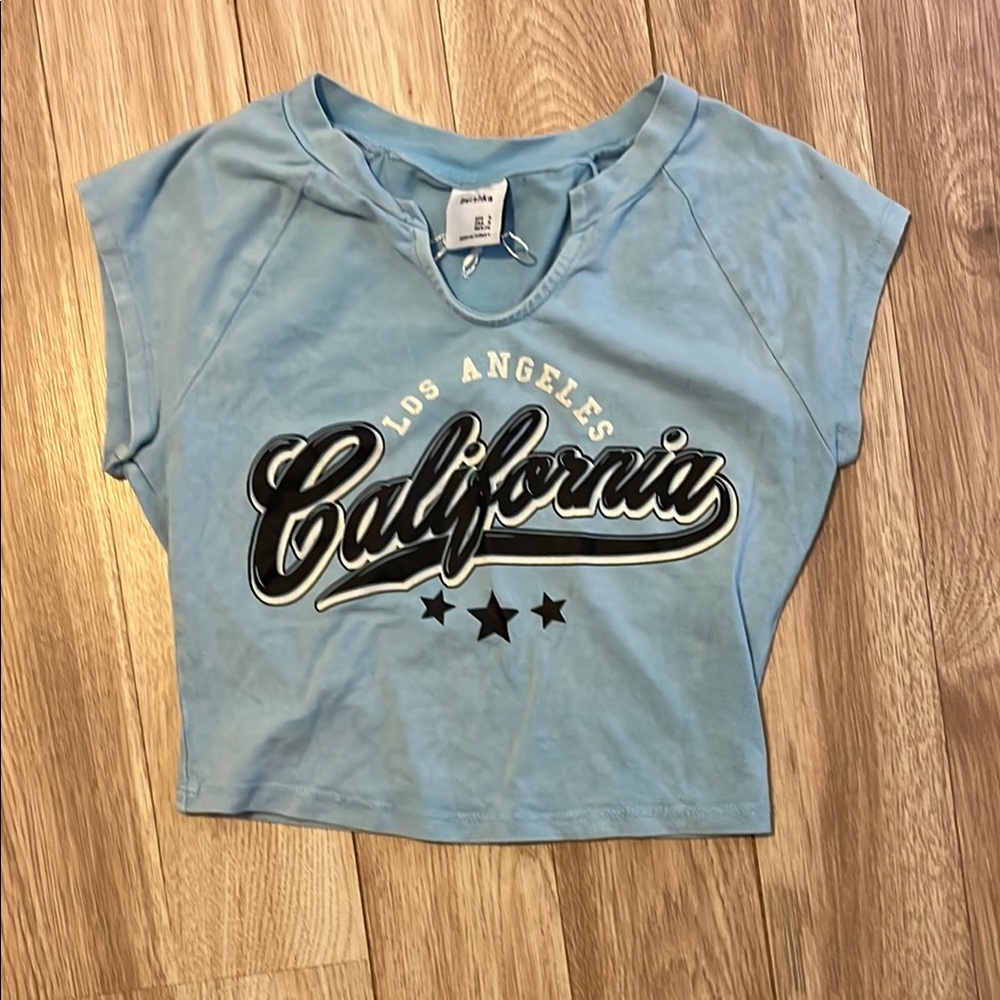 Bershka Blue Crop Top with California Print